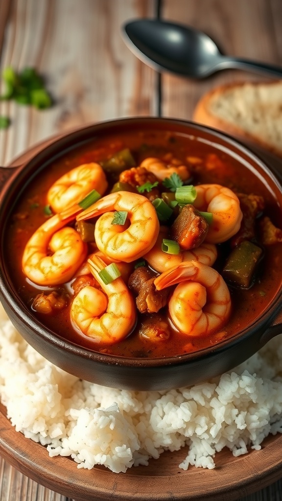 A bowl of spicy seafood gumbo with shrimp, crab, and okra over rice, garnished with green onions and parsley.